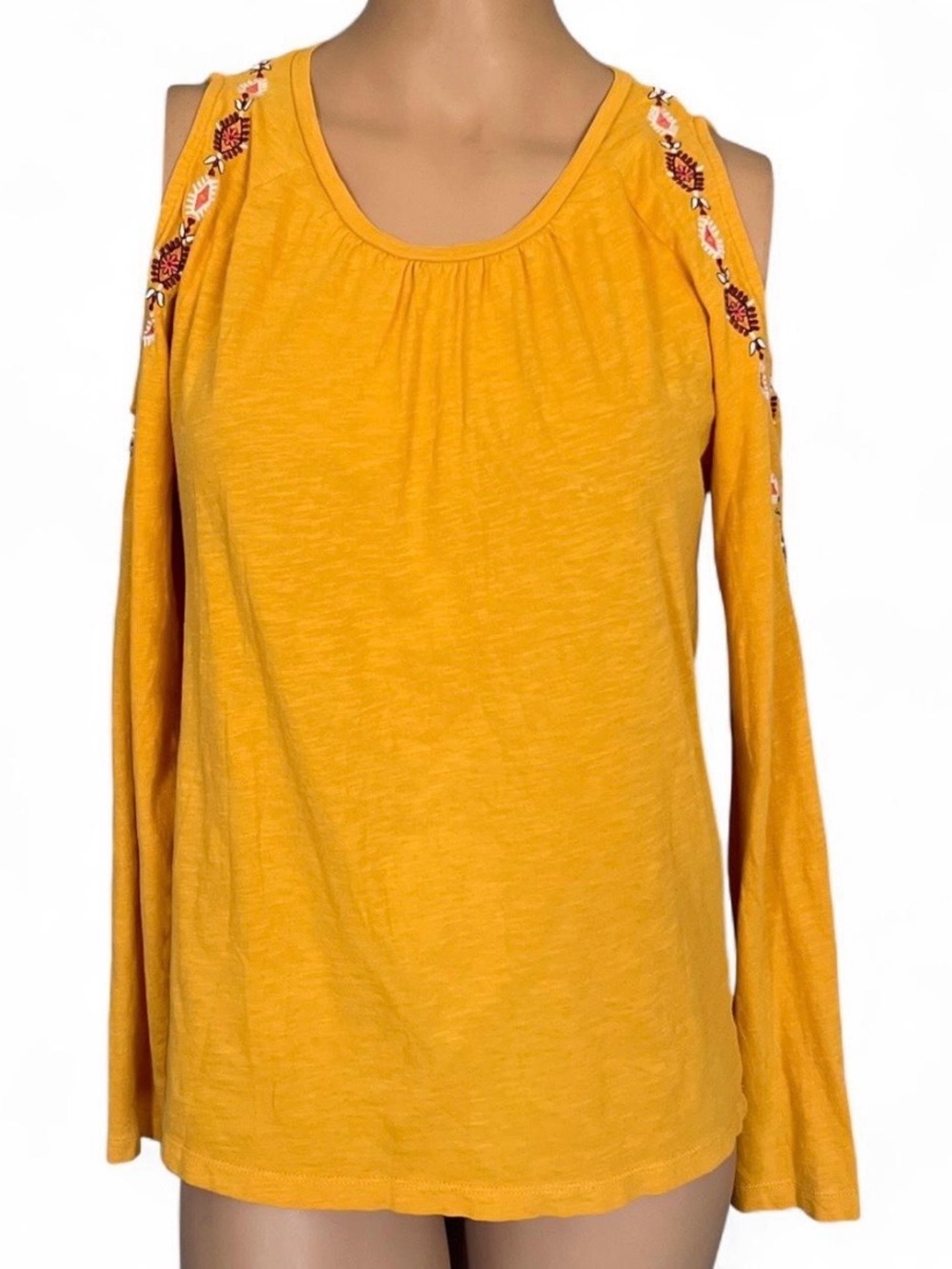 LOFT Mustard Cold-Shoulder Embroidered Long Sleeve Tee